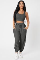 Kadın Antrasit Gri Kaşkorse Cepli Jogger Eşofman Altı Ve Crop Top Bluz – Şık, Rahat Ve Kolay Kombinlenebilir