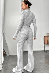 Kadın Gri Çizgili Boğazlı Crop Top Ve Yüksek Bel Pantolon Takım