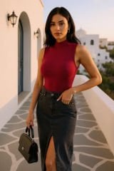 Kadın Bordo Kolsuz Balıkçı Yaka Basic Bluz