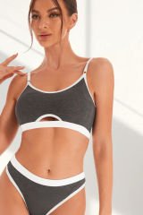 Kadın Gri Antrasit Kaşkorse Ve Beyaz Lastikli CutOut Tanga Külotlu Takım – Modern, Konforlu