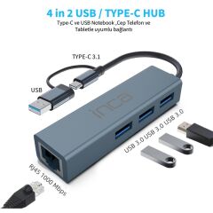 Inca Iutp03T Usb Hubx3 Usb 3.0 10 Gbps+Ethernet Rj45 1000Mbps Çoklayıcı