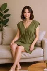 Kadın Haki Yanları Yırtmaçlı Tokalı V Yaka Mini Plaj Elbisesi