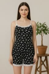 Kadın Siyah Kalp Desenli Askılı Şortlu Dantelli Pijama Takımı