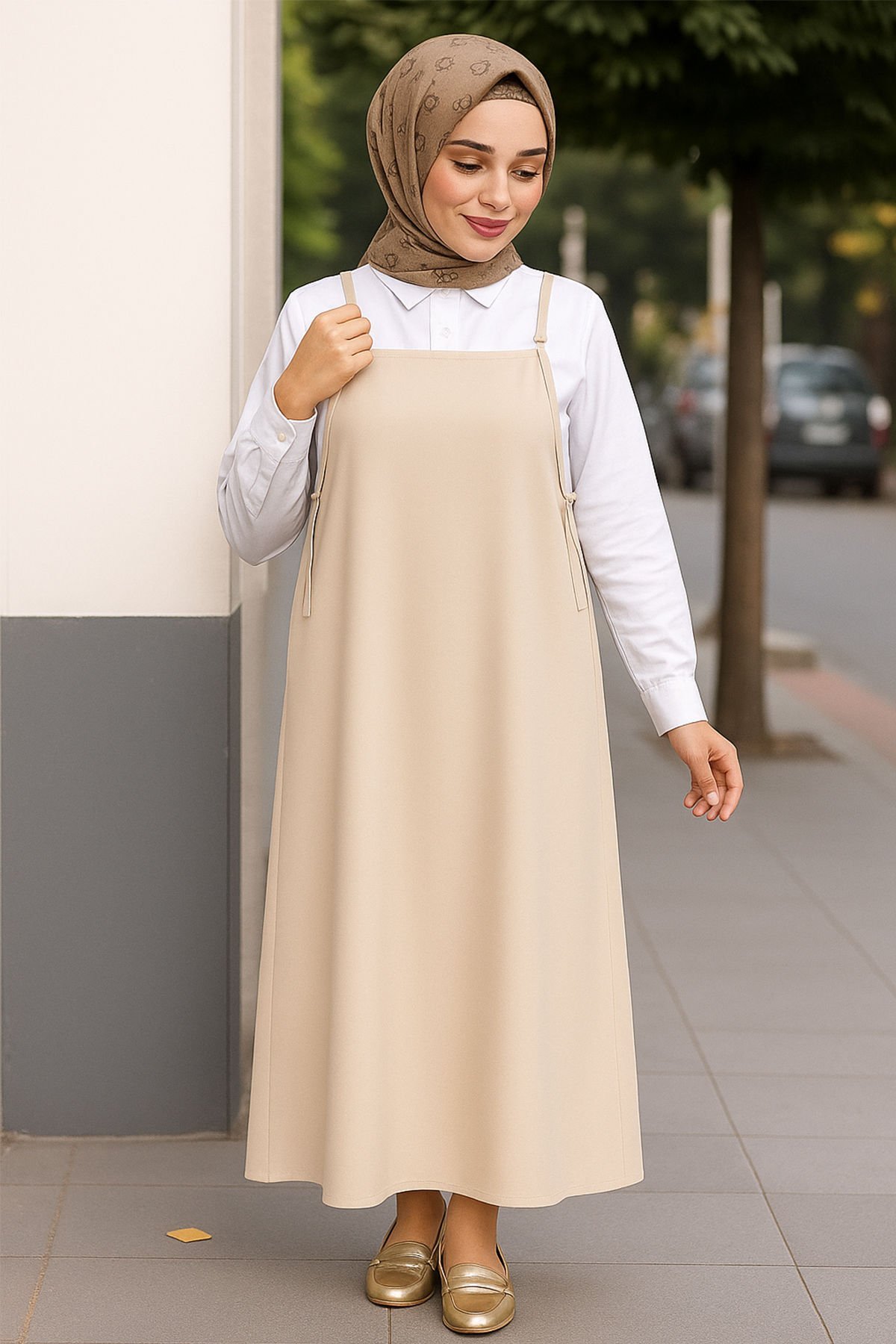 Kadın Taş Rengi Basic Ayarlanabilir Askılı Jile Elbise